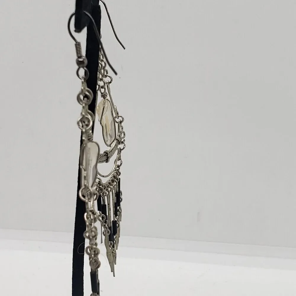 Vtg Silver Clear Quartz & Onyx Beads Handmade Boho Dangle Drop Earrings